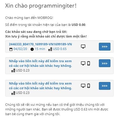 Danh sách bài khảo sát trên Mobrog
