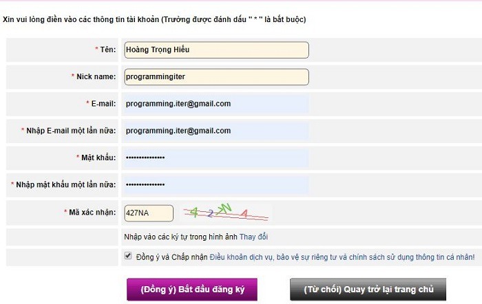 Điền thông tin đăng ký tài khoản