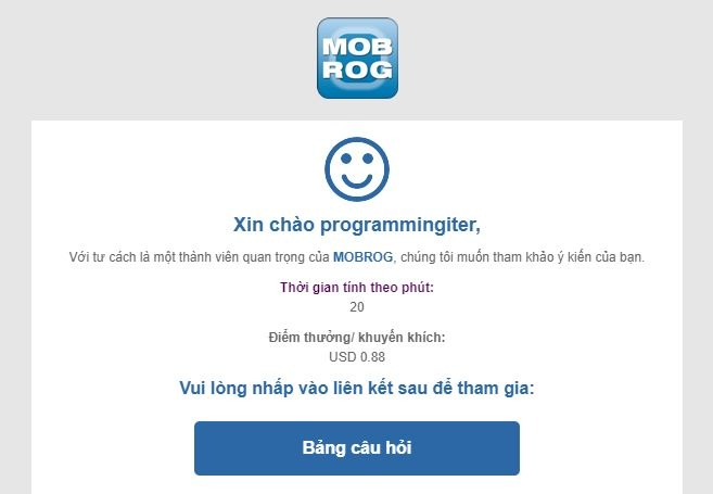 Email bảng câu hỏi được gửi tới bạn mỗi ngày