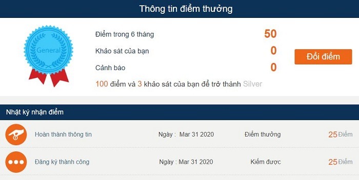 điểm thưởng sau khi đăng ký thành công q&me - trang khảo sát kiếm tiền nhiều nhất