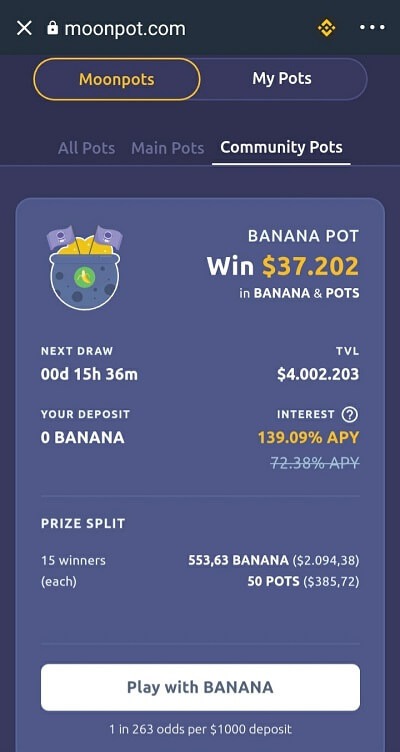 Kết nối Trust Wallet và moonpot - chọn Play with BANANA