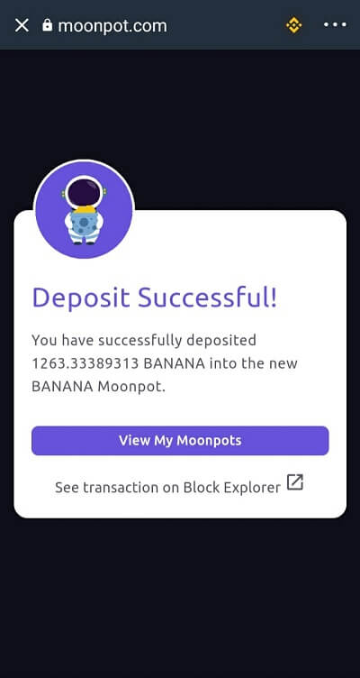 Nạp BANANA vào Moonpot thành công