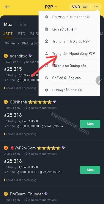 mục Trung tâm người dùng Binance P2P