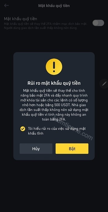 chấp nhận điều khoản rủi ro mật khẩu quỹ binance p2p