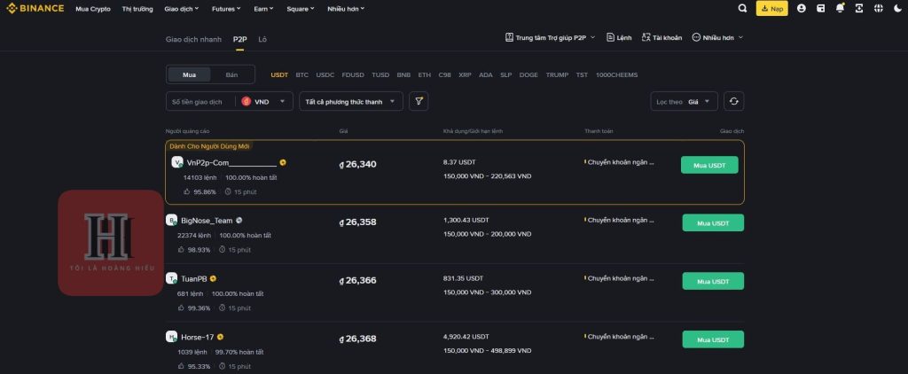 Mua bán coin trên Binance bằng VNĐ